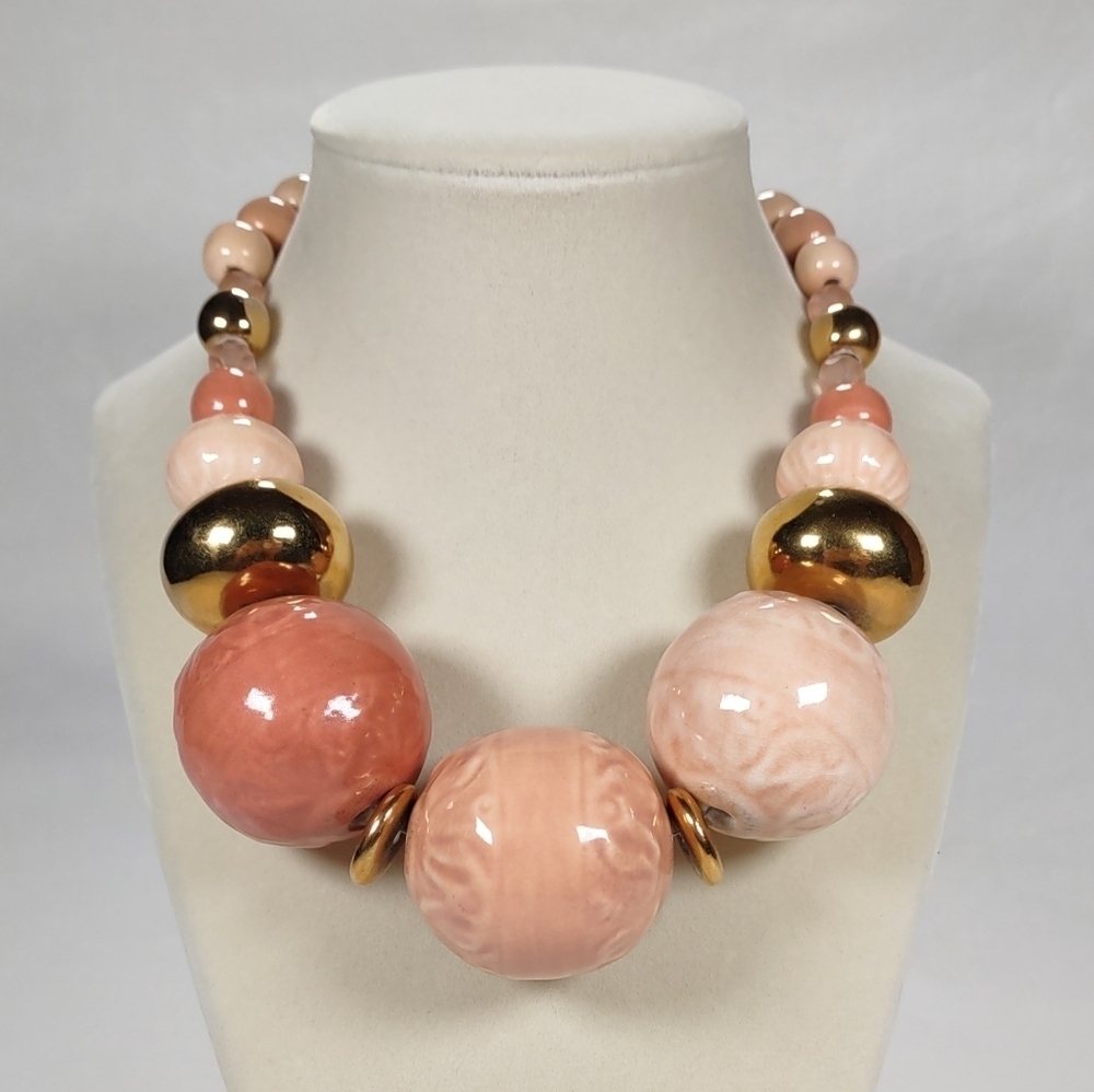 Vintage Glazed Ceramic Beaded Graduated Statement Choker 17 1/2" - Picture 4 of 11